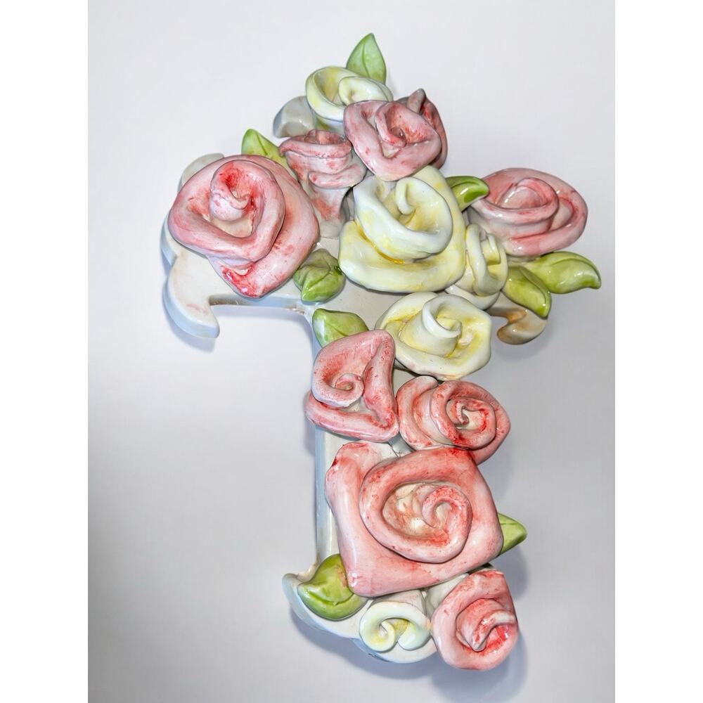KoKo Original Athena Boulguaida Handmade Pottery Lusterware Rose Cross 9x6.5